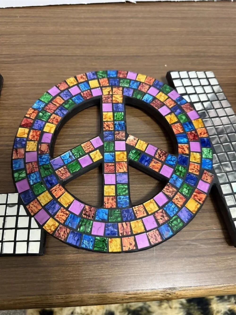 Mosaic Love With Peace Sign Mirror Tiles Mosaic Wall Plaque Pop Art Disco Boho